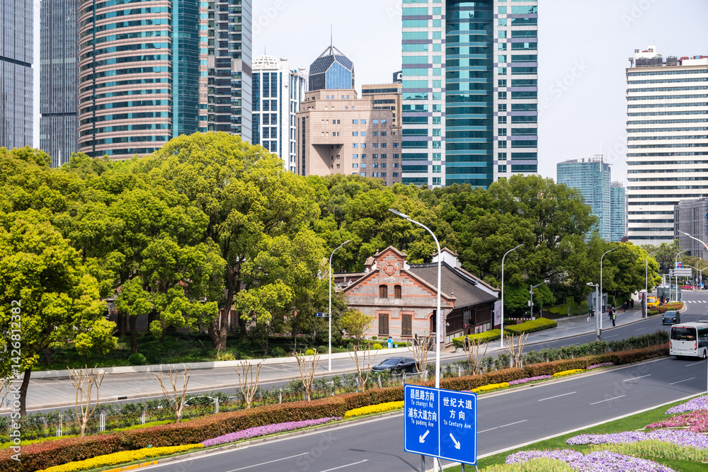 Pudong Avenue, Shanghai, China, Modern skyscrapers and road signs in Lujiazui financial district