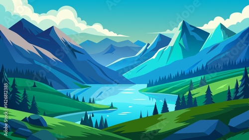 Alpine Valley Landscape with Tranquil Lake and Snow-capped Mountains