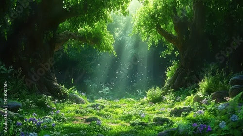 A fantasy forest plant anime background features an enchanting woodland scene filled with imaginative, otherworldly flora.