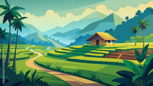 Picturesque Landscape Painting of a Serene Valley with Rice Paddies, Stream, and Tropical Ambiance