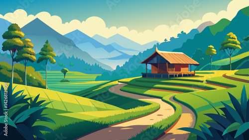 Picturesque Landscape Painting of a Serene Valley with Rice Paddies, Stream, and Tropical Ambiance