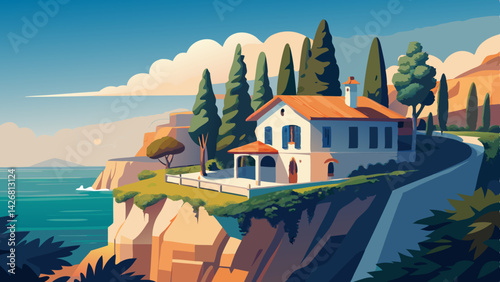 Serene Coastal Retreat: Mediterranean Cliffside House Painting with Ocean View