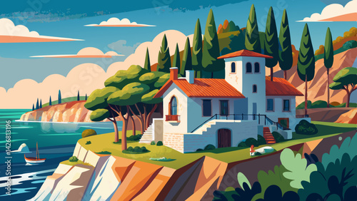 Serene Coastal Retreat: Mediterranean Cliffside House Painting with Ocean View