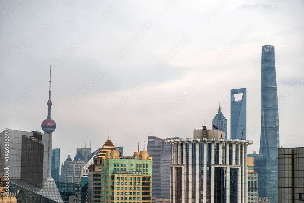 China, Shanghai central cityscape, historic architecture and modern commercial buildings