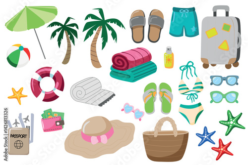 A vector set, beach accessories and everything for a vacation. Swimsuits, flip-flops, towels, documents, tickets, palm trees, glasses. A set of bright details on a white background.