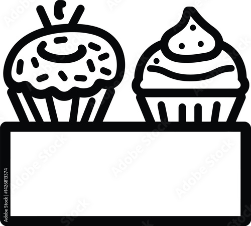 Cupcake Duo Silhouette, Featuring Two Decorative Cupcakes Positioned Above a Blank Label Area