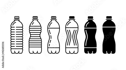 Diverse Bottle Designs: A set of six water bottles with varying designs, from outlines to filled silhouettes, showcasing the diverse range of shapes, textures.