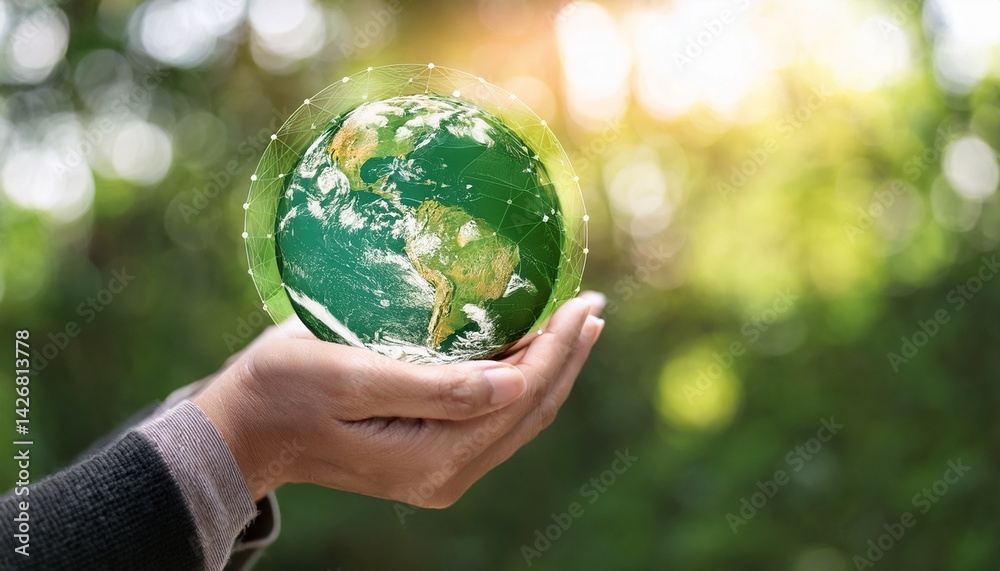 Hand holding a green globe symbolizing care, protection, and sustainability for the planet. Ideal for Earth Day, environmental awareness, renewable energy, green business, and ESG (Environmental, Soci Hand holding a green globe symbolizing care, protection, and sustainability for the planet. Ideal for Earth Day, environmental awareness, renewable energy, green business, and ESG (Environmental, Soci