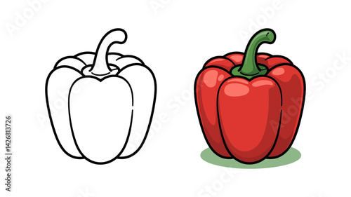 Red Bell Pepper Delight: A vivid illustration of a ripe, red bell pepper, showcasing both its detailed outline and vibrant color rendition. Emphasizing freshness and culinary appeal.