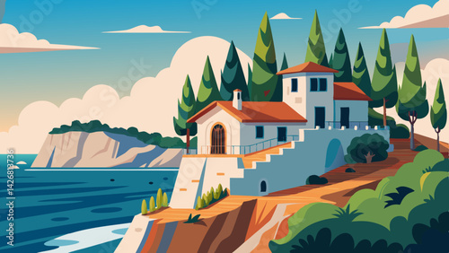 Serene Coastal Retreat: Mediterranean Cliffside House Painting with Ocean View