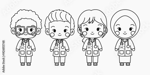 Hand-drawn cute medical team character illustration in black and white style for kids’ coloring activity
