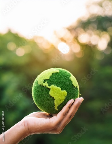 Hand holding a green globe symbolizing care, protection, and sustainability for the planet. Ideal for Earth Day, environmental awareness, renewable energy, green business, and ESG