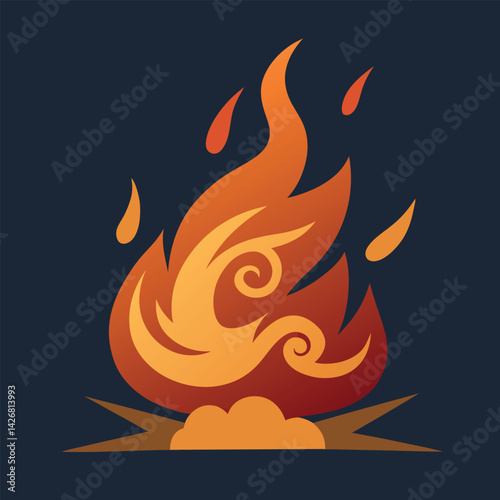 Campfire Camping Elements Vector Campfire with wind gusts making flame swirl dramatically