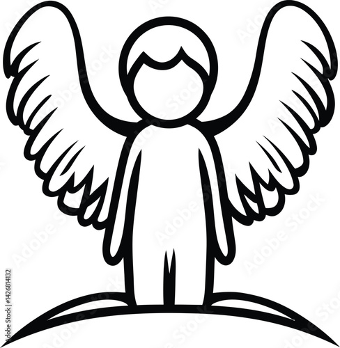 Guardian Angel Silhouette, Featuring a Serene Figure with Outstretched Wings Standing on a Cloud