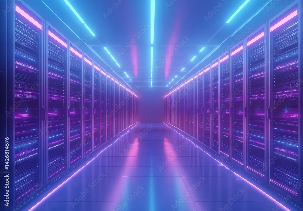 Vibrant server room with neon purple and blue lights reflecting on the floor, perfect for tech branding, futuristic themes, and high-performance computing visuals Vibrant server room with neon purple and blue lights reflecting on the floor, perfect for tech branding, futuristic themes, and high-performance computing visuals