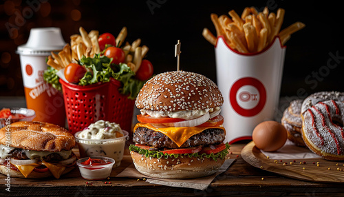 Wallpaper Mural burger with fries, salad, donuts, egg, and drink displayed on a wooden table Torontodigital.ca
