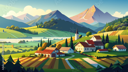 Picturesque Valley Landscape with Lush Mountain and Charming Village Scene