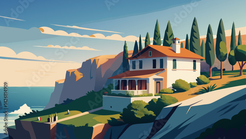 Serene Coastal Retreat: Mediterranean Cliffside House Painting with Ocean View