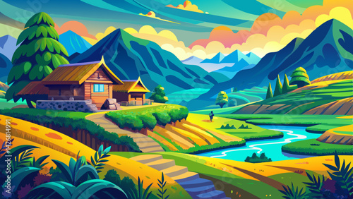 Picturesque Landscape Painting of a Serene Valley with Rice Paddies, Stream, and Rustic House