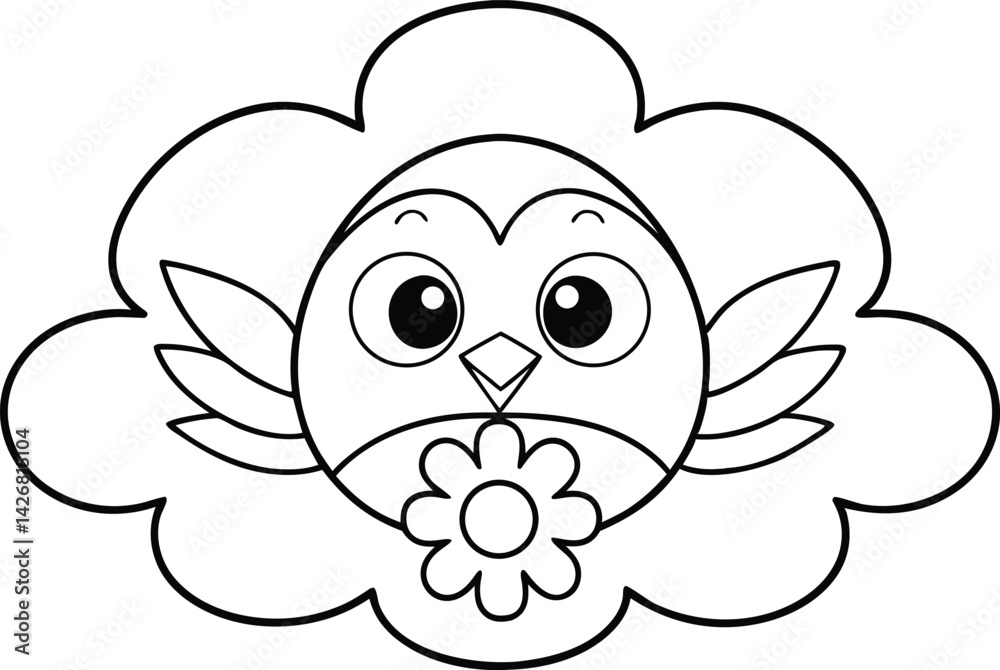Fototapeta premium Cute Outline Owl Inside Cloud Holding a Flower for Coloring on Transparent Background