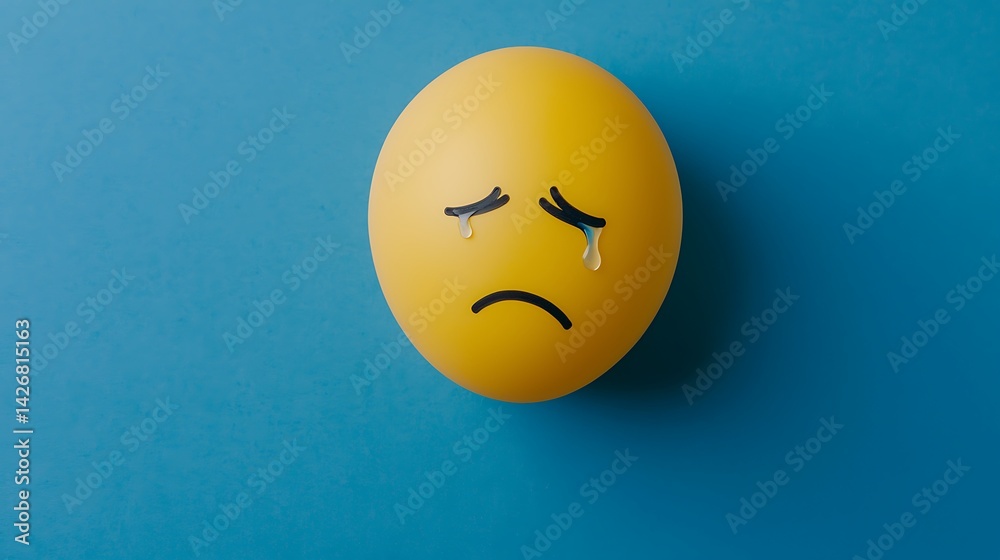 Fototapeta premium Sad yellow sphere with drawn crying face on blue background