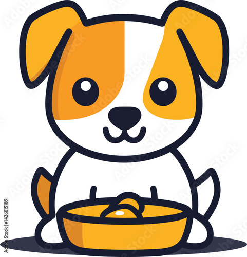 Happy Puppy with Food Bowl Silhouette, Featuring a Joyful Dog Sitting with a Yellow Dish Full of Kibble