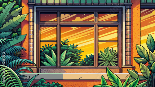 Cozy Window with Plants Illustration vector at sunset time