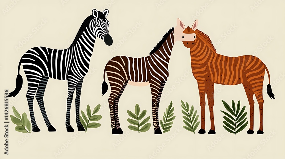 Obraz premium Three stylized zebras, black, brown, and orange, depicted with green foliage