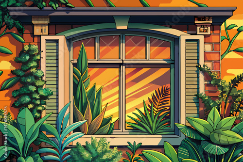 Cozy Window with Plants Illustration vector at sunset time