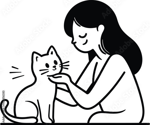 Person Petting a Sitting Cat Silhouette, Featuring a Simple and Heartwarming Scene of Human-Animal Interaction