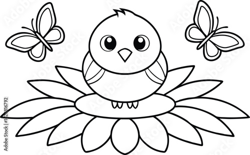 Monochrome chick sitting on flower with outlined butterfly elements around it