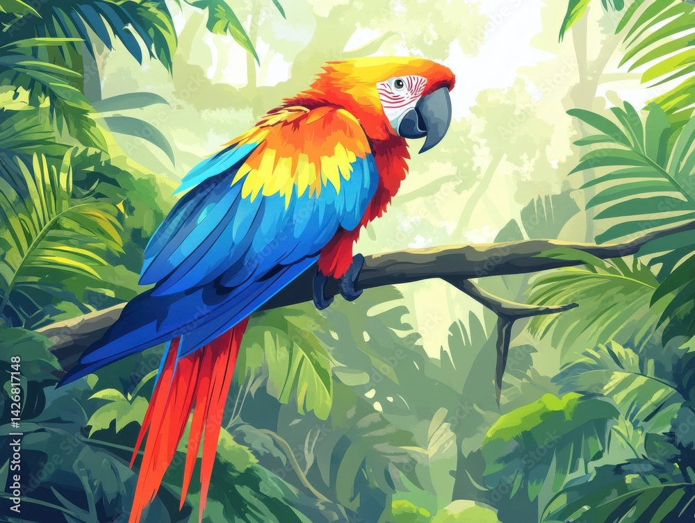 Fototapeta premium Colorful macaw perched on branch in lush tropical jungle close-up view