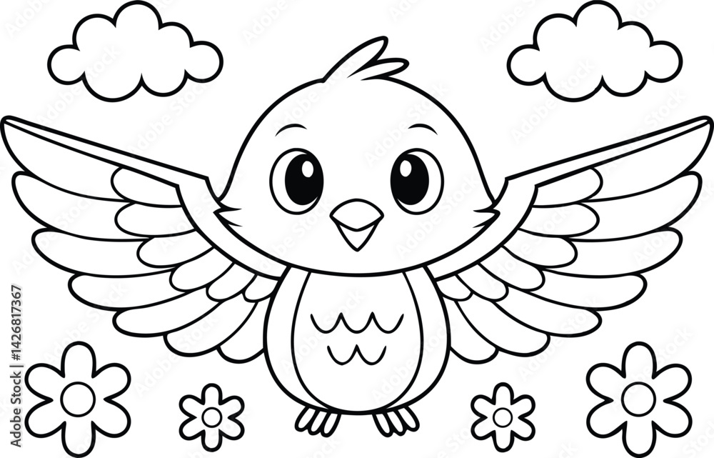 Obraz premium Cute Outline Cartoon Bird Flying with Flowers and Clouds on Transparent Background