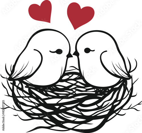 Affectionate Birds in Nest Silhouette, Featuring Two Birds Facing Each Other with Hearts Above