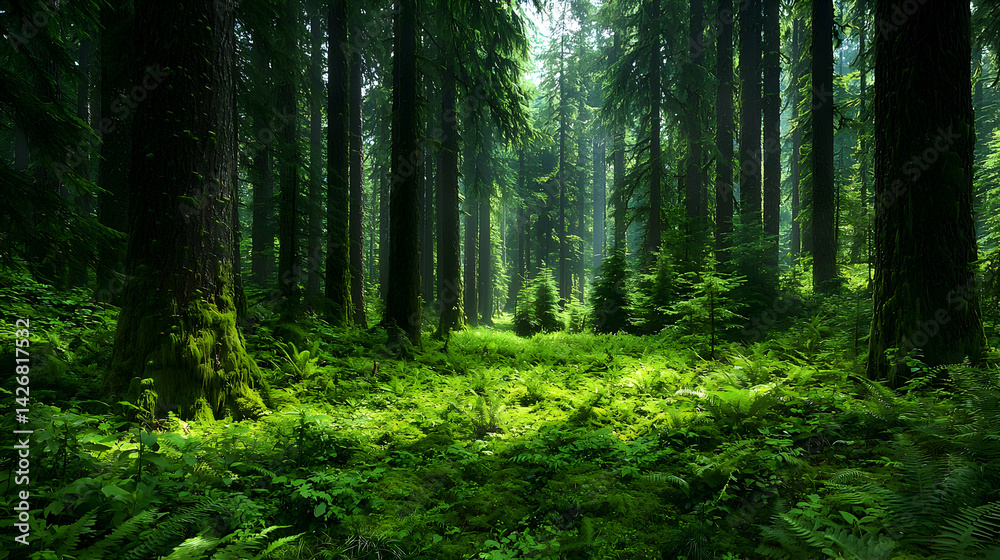 Obraz premium Sunlit Lush Forest Floor With Sunlight