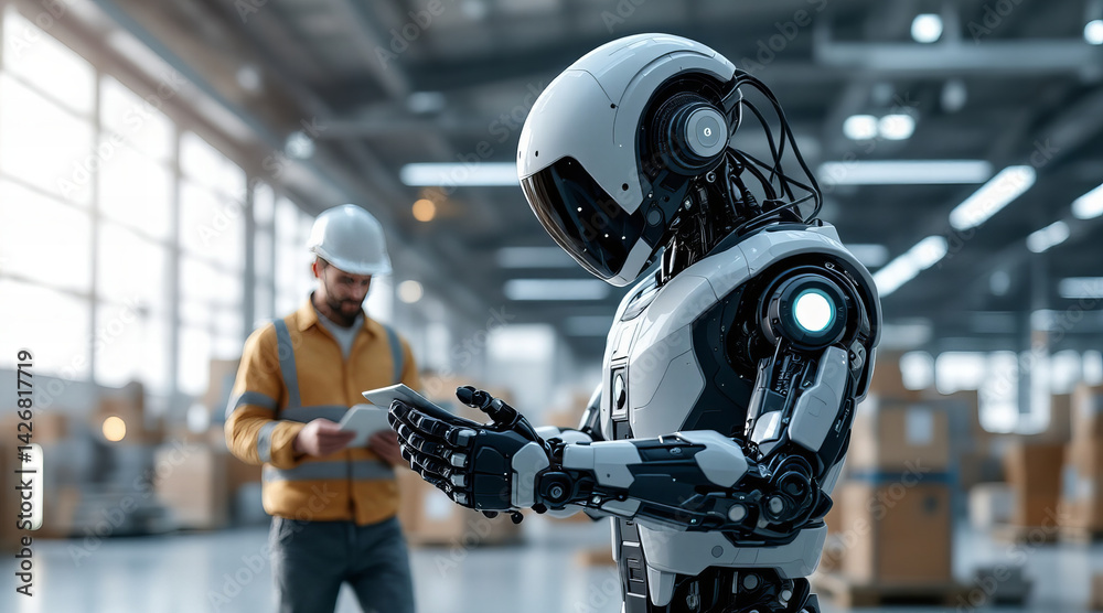Fototapeta premium humanoid robot interacts with digital device in warehouse setting, showcasing advanced technology and automation. human worker observes in background, highlighting collaboration