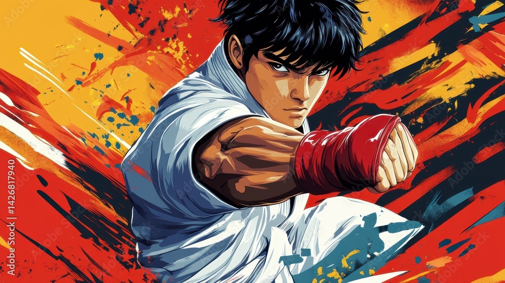 Obraz premium A handsome anime martial artist strikes a dynamic karate pose, showcasing his strength and discipline.