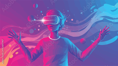  a vibrant vector illustration depicting a person immersed in a virtual reality experience. The subject, shown from the waist up and centered in the frame, is facing forward with their head slightly.