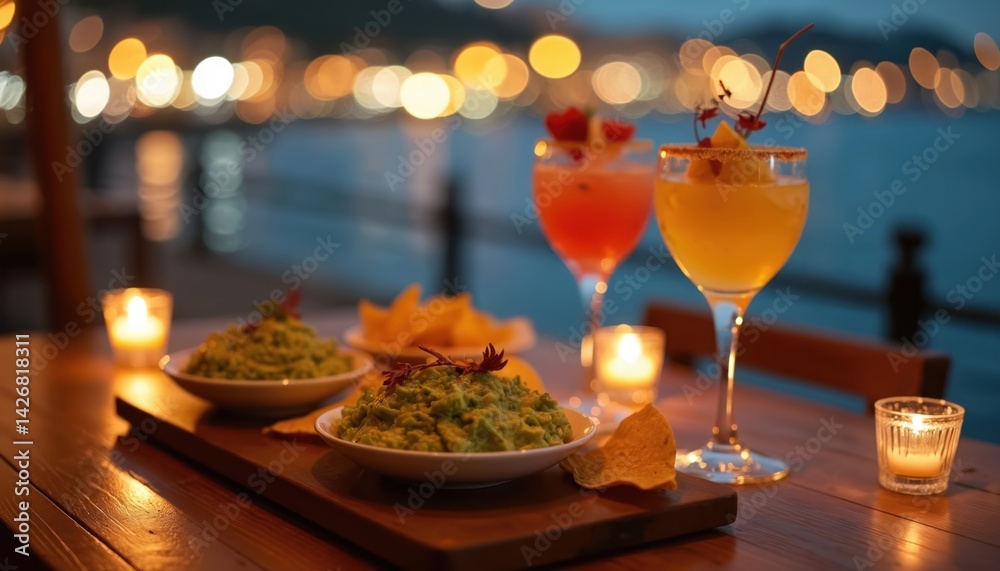 Obraz premium Romantic waterfront dinner with cocktails, guacamole, tortilla chips, city lights at night. Table setting with drinks, food, candles. Evening date, vacation, travel, celebration with delicious