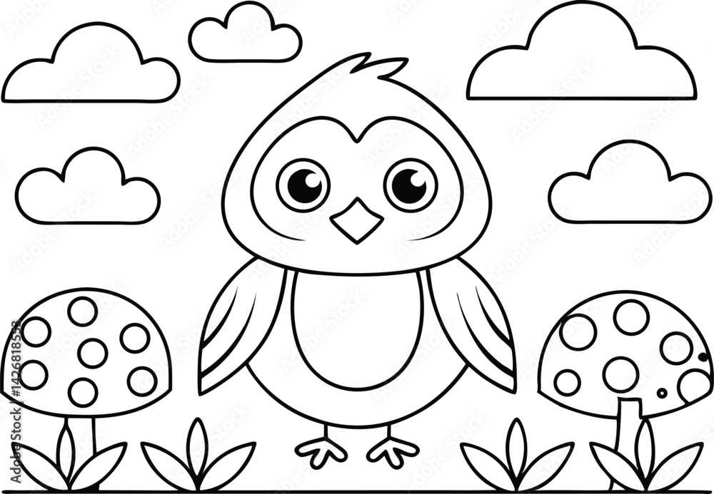 Simple Cartoon Owl Outline with Mushrooms and Clouds Coloring Page Drawing Simple Cartoon Owl Outline with Mushrooms and Clouds Coloring Page Drawing