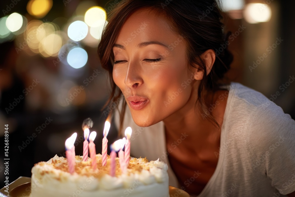 Woman blowing out candles on cake at party with blurry lights in background Woman blowing out candles on cake at party with blurry lights in background