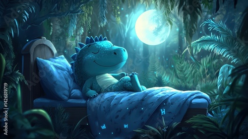A heartwarming scene of a cute dinosaur peacefully sleeping in bed at night. photo