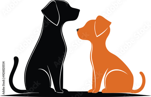 Playful Puppy Duo Silhouette, Featuring Two Dogs Sitting Facing Each Other with a Contrast of Black and Orange