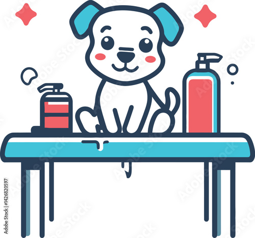 Playful Puppy Bath Time Silhouette, Featuring a Happy Pup Seated at a Table with Soap Bottles and Floating Bubbles