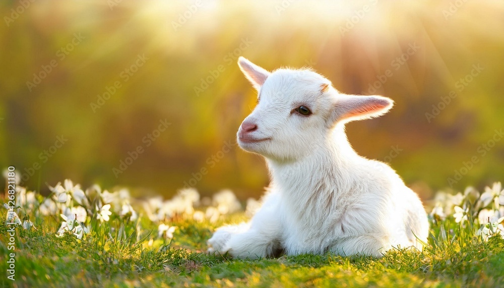 Fototapeta premium Sheeps in a meadow on green grass at blue sky. Little sheep baby. 