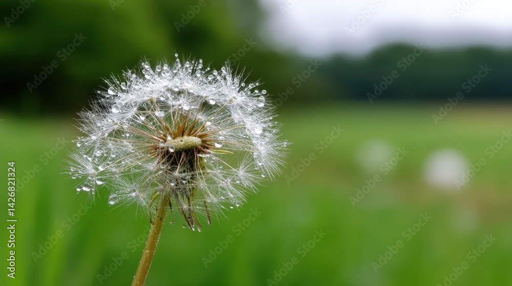 Fototapeta premium Close-up of a dewy dandelion in a lush green field, showcasing nature's beauty and tranquility