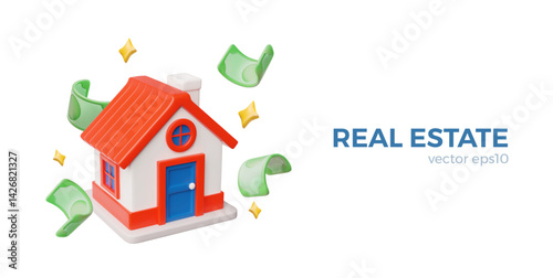 Real estate service advertising 3D vector banner design, house with banknotes falling, real property rent, buy and sell