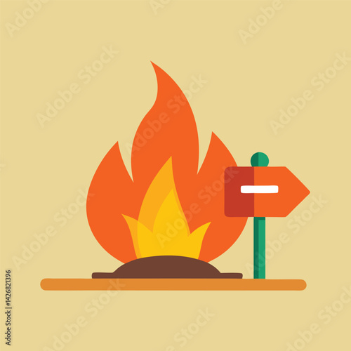 Campfire Camping Elements Vector Stylized campfire with firewood bundle beside it and a trail sign nearby