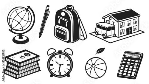 school attributes such as: school, textbooks, globe, ruler, pen, backpack isolated on white background. back to school