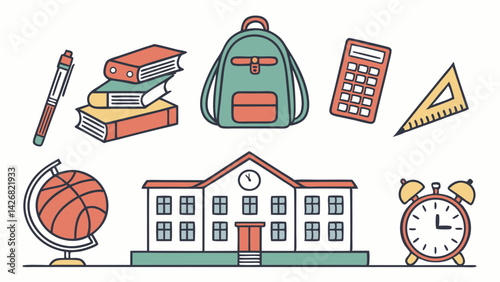 multicolored school attributes such as: school, textbooks, globe, ruler, pen, backpack isolated on white background. back to school